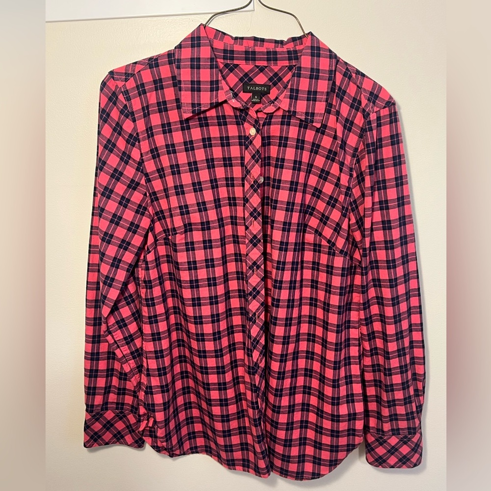 Talbots Pink & Navy Plaid button up shirt
